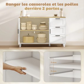 Aparador de sala, móvel de arrumação, portas duplas com fecho amortecido, 3 gavetas e prateleira ajustável, 120 x 38 x 76 cm, branco