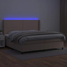 Cama box spring c/colchão/LED 200x200cm couro artif. cappuccino