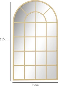 Espelho com vidro em arco, estilo industrial, janela em arco de metal, 110 x 65 cm, dourado