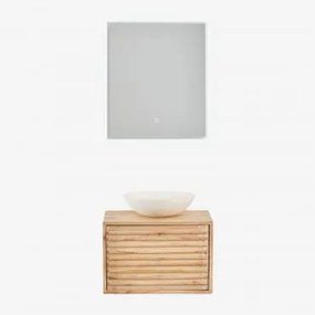 Conjunto De Móveis De Banheiro De Madeira Suspensos Deleyna Madeira Natural & Cimento Redondo Branco Ø40 Cm Zavion & Led - Sklum