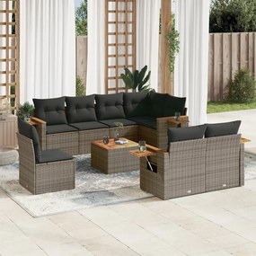 9 pcs conjunto sofás p/ jardim com almofadões vime PE cinzento