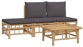 4pcs conj. lounge de jardim bambu c/ almofadões cinzento-escuro