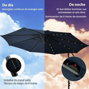 Guarda-sol de 3 m com manivela 32 luzes LED solar com Base de saco de areia pátio jardim piscina Azul