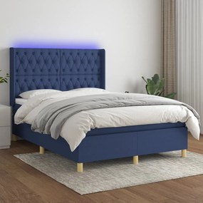 Cama box spring c/ colchão e LED 140x200 cm tecido azul