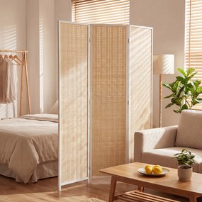 Biombo de madeira para separar divisões 135 x 180 cm, divisória dobrável de 3 painéis, branco e bege