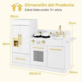 Cozinha para crianças 106,5 x 30 x 81 cm com frigorífico, fogão, máquina de gelo, máquina de lavar louça, lava-louças e relógio para crianças a partir