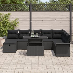 Conjunto de Sofá de Jardim de 9 Peças com Almofadas Preto Vime PE