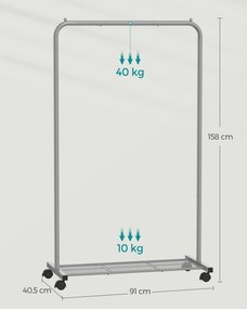 Cabide Guarda Roupa de 91 cm de largura com Rodas Cinzento