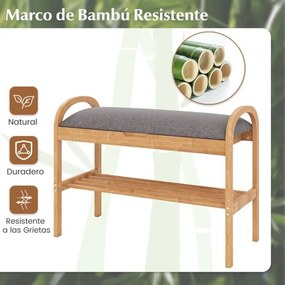 Banco para sapatos em bambu 70 x 31 x 51 cm com 2 níveis, almofada acolchoada e prateleira de arrumação para a entrada, corredor, sala de estar e quar
