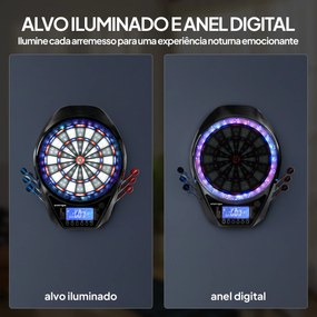 Alvo Eletrónico com 6 Dardos e 24 Pontas Macias Ecrã LED 34 Jogos e 2235 Programas 60,5x45,5x3,6 cm Multicolor