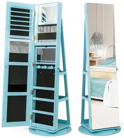 Armário joias giratório com Espelho de corpo inteiro 360° com luzes LED Prateleiras de armazenamento 54,5 x 161 cm Azul
