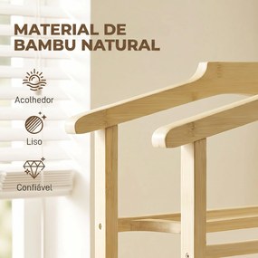 Cabide roupa de Noite em Bambu com Rodas, Cabides para Roupa, Suporte para Calças, Bandeja e Prateleira, Natural