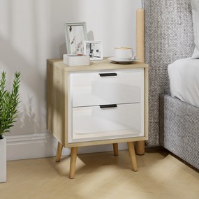 Mesa de Cabeceira, 40 x 35 x 50 cm, 2 Gavetas Silenciosas, Castanho e Branco Brilhante