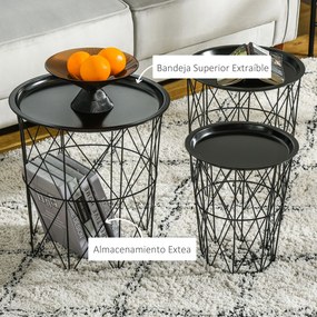 HOMCOM Conjunto de 3 mesas laterais empilháveis Cestos de metal com bandeja removível e espaço de armazenamento Estilo moderno para sala de estar Diâmetro Ø43 Ø35 e Ø30 preto