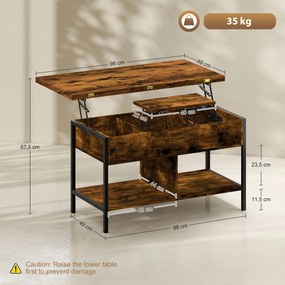 Mesa de centro elevável e extensível, com compartimento oculto e prateleiras abertas, 98 x 49 x 55 cm, castanho rústico