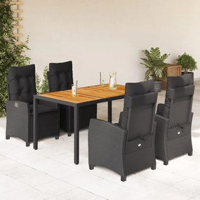 5 pcs conjunto de jantar p/ jardim c/ almofadões vime PE preto