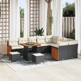 vidaXL Conjunto de Sofá de Jardim de 12 Peças com Almofadas Preto Polyrattan Acácia