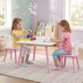 Conjunto Mesa e 2 Cadeiras para Crianças 3-6 Anos em Madeira com Cantos Arredondados, Tema Algodão Doce, Rosa