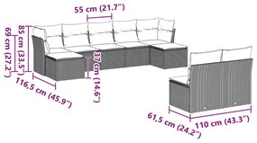 9 pcs conj. sofás jardim com almofadões vime PE cinzento-claro