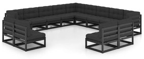vidaXL 13 pcs conjunto longue jardim c/ almofadões pinho maciço preto