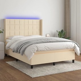 vidaXL Cama box spring c/ colchão e LED 140x190 cm tecido cor creme