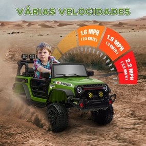 Carro Elétrico para Crianças com Bateria de 12V Controlo Remoto Bluetooth Faróis LED Buzina e Música 100x63x65 cm Verde