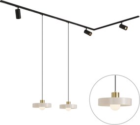 Sistema de calhas moderno preto com 2 candeeiros pendentes brancos e 3 focos monofásicos - Iconic Jeana Luxe Jina