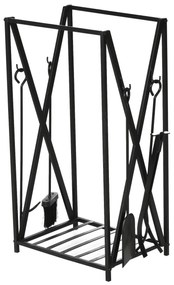 HOMCOM Prateleira de lenha para lareira com 4 ferramentas incluídas Estrutura de aço estável Carga 100 kg 46x30x76 cm Preto