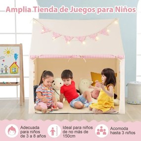 Tenda infantil com tapete acolchoado, 2 janelas e 2 bolsos de armazenamento, luzes de estrelas e bandeira rosa