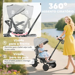 Triciclo Evolutivo 6 em 1 Dobrável Assento Giratório de 360° Guidador Parental Encosto Reclinável Toldo 111,5x52x98 cm Cinza