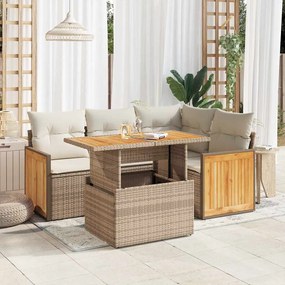 vidaXL 5 pcs conj. sofás p/ jardim c/ almofadões vime PE/acácia bege