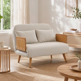Sofá-cama de 2 lugares pequeno 103 L x 78 P x 82 A cm, 3 em 1 em chenille de 103 cm, encosto ajustável, 2 almofadas, braços em madeira, creme