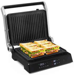 Grelhador Panini Elétrico 1800-2000W 3 em 1 Sanduicheira Abertura 180º Folhas Antiaderentes Controle de Temperatura Temporizador 35 x 30 x 14 cm Preto