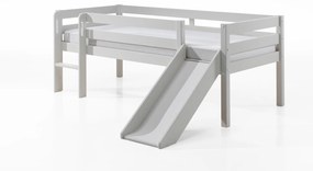 Conjunto Cama alta de Criança PINO 90 x 200 cm + estrado + escada + escorrega + conjunto de 2 gavetas e prateleira suspensa Cinzenta