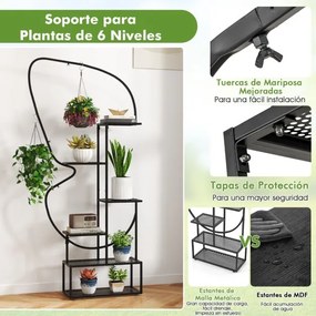 Suporte para plantas de metal 56 x 26 x 185 cm com 6 níveis, 12 prateleiras de malha metálica e 4 ganchos preto