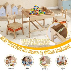 Conjunto de mesa e 2 cadeiras infantil 4 em 1 com quadro branco reversível e giz 2 gavetas de armazenamento de madeira Robot