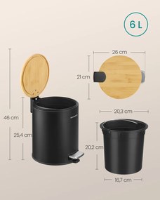 Caixote lixo casa de banho de 6 litros com tampa e pedal silencioso, preto