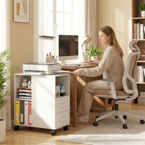 Suporte para impressora 60 x 30 x 65 cm, móvel de arrumação com rodas, gavetas, prateleira ajustável e compartimento aberto, branco
