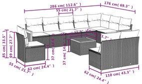11 pcs conjunto sofás de jardim c/ almofadões vime PE cinzento