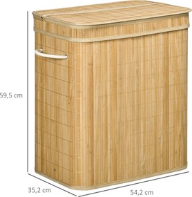 Cesto de Roupa Suja 90L em Bambu com 2 Compartimentos Alças e Bolsa Interna Removível 54,2x35,2x59,5 cm Madeira