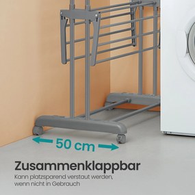 Estendal de roupa com 4 níveis, com abas dobráveis e rodas 63,5 x 128 x 173 cm cinzento