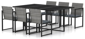 7 pcs conjunto jantar exterior com almofadões vime PE cinzento