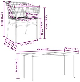 Conjunto de jantar jardim 5 peças vidro vime PE preto