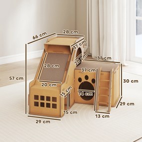 Arranhador para Gatos em Forma de Castelo 2 em 1 com 2 Áreas para Arranhar Catnip Rampa e Escada  67x66x57 cm Castanho