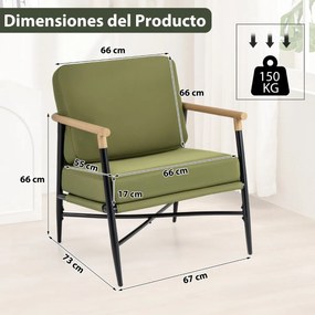 Poltrona moderna de sala com almofadas removíveis com fecho de correr, estrutura em metal e pés ajustáveis, confortável, verde