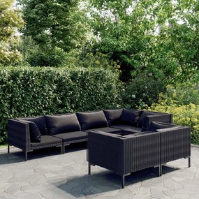 vidaXL 7 pcs conj. lounge jardim c/ almofadões vime PE cinzento-escuro