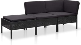 vidaXL 3 pcs conjunto lounge de jardim c/ almofadões vime PE preto