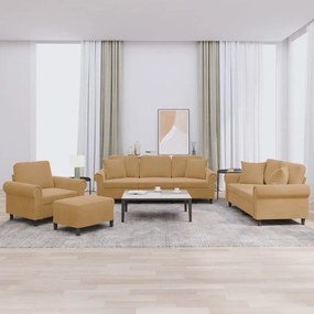 4 pcs conjunto de sofás com almofadas veludo castanho