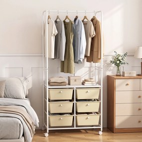 Guarda roupa aberto, 63 x 38 x 152 cm, 6 Gavetas e Rodas com Travão, Branco