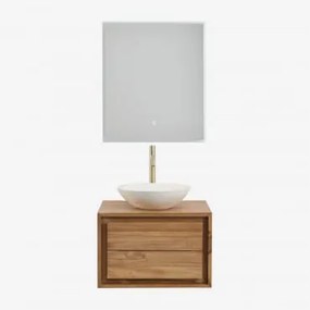 Conjunto De Móvel De Casa De Banho Em Madeira De Teca Jabari Madeira De Teca & Cimento Redondo Branco Ø40 Cm Zavion & Led - Sklum